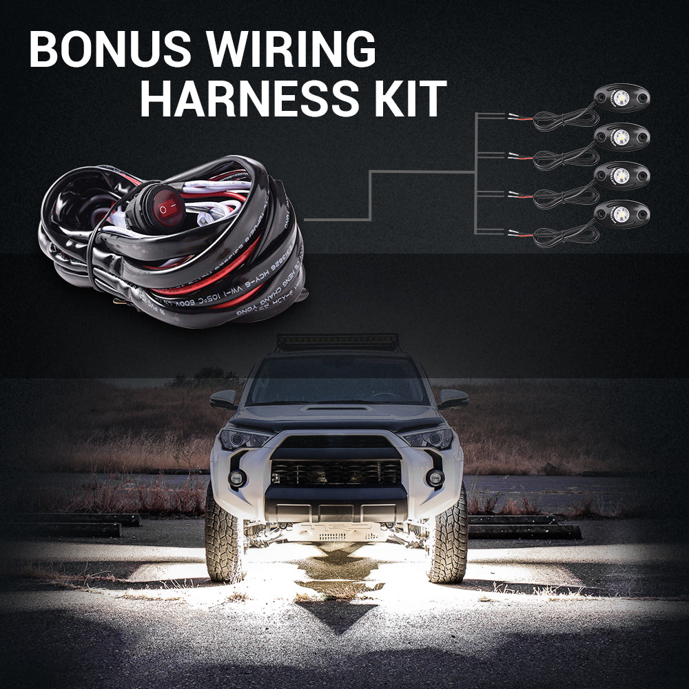 4 Pods White LED Rock Lights with Wiring Harness, Waterproof Underglow Underbody Light Kit