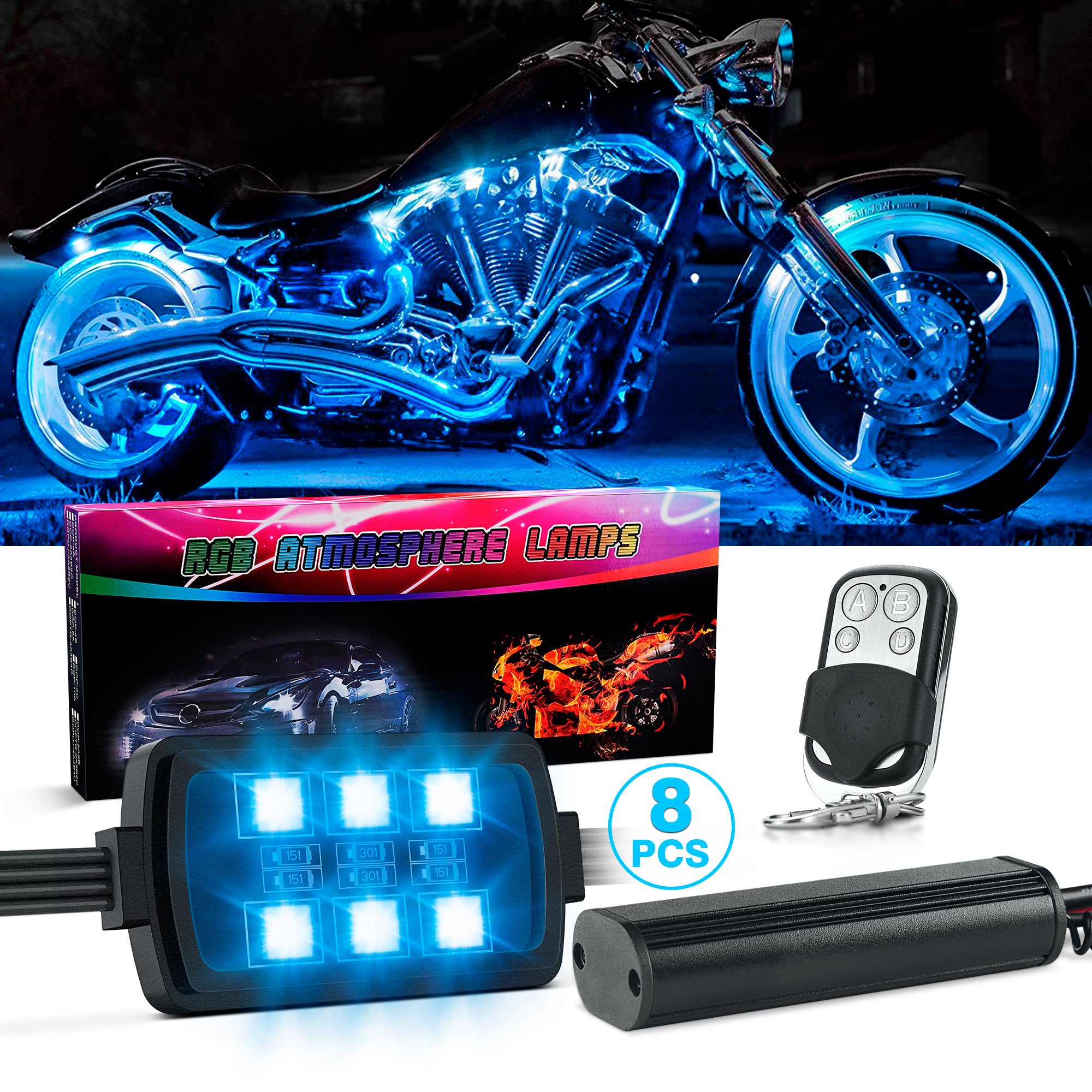 8pcs Motorcycle RGB LED Strip Lights Kit with Brake Light Function - M