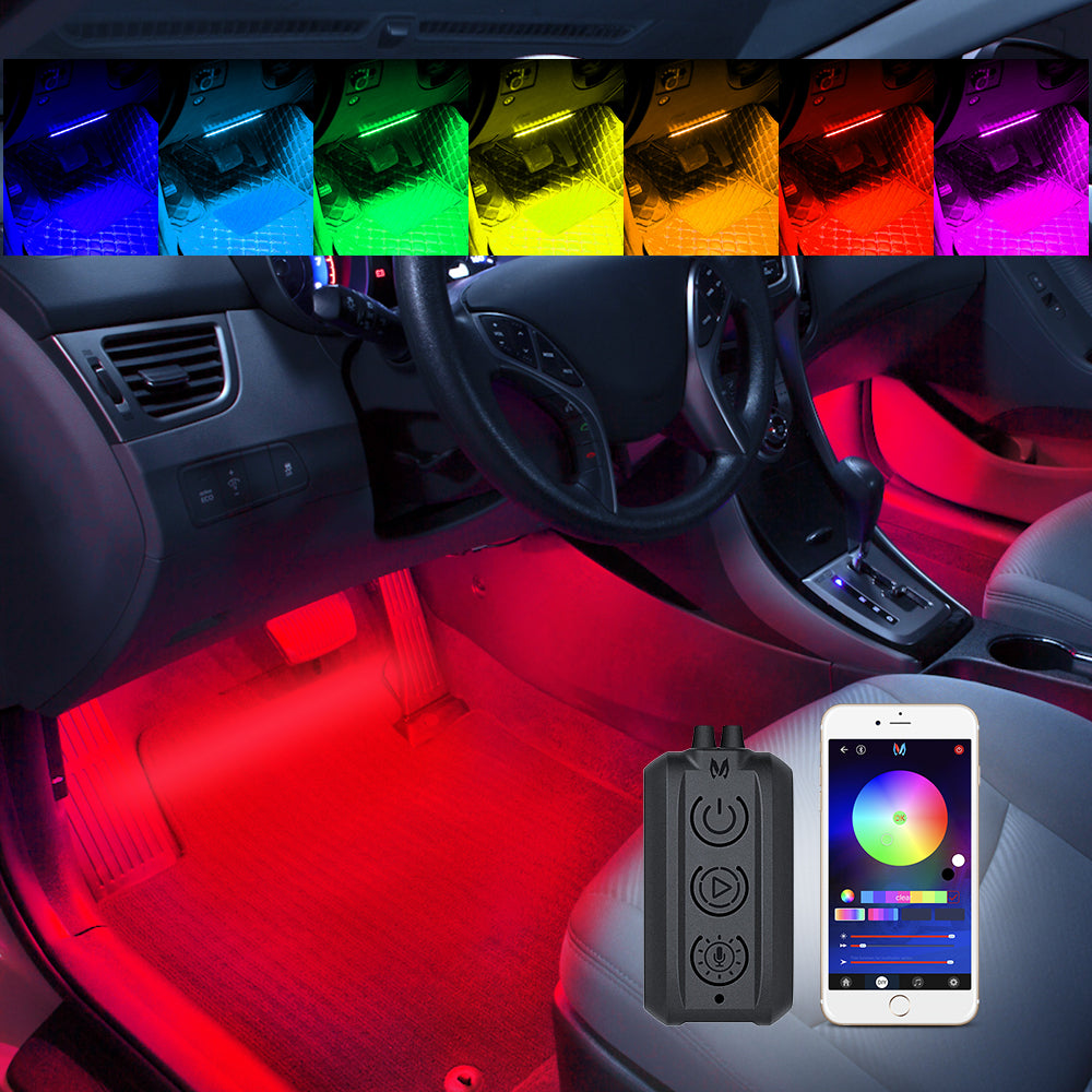 MICTUNING N1 RGB Car Interior Lights 4pcs 48 LEDs Car LED Strip Atmosphere Light with Music Sensor App Controller 12V/24V