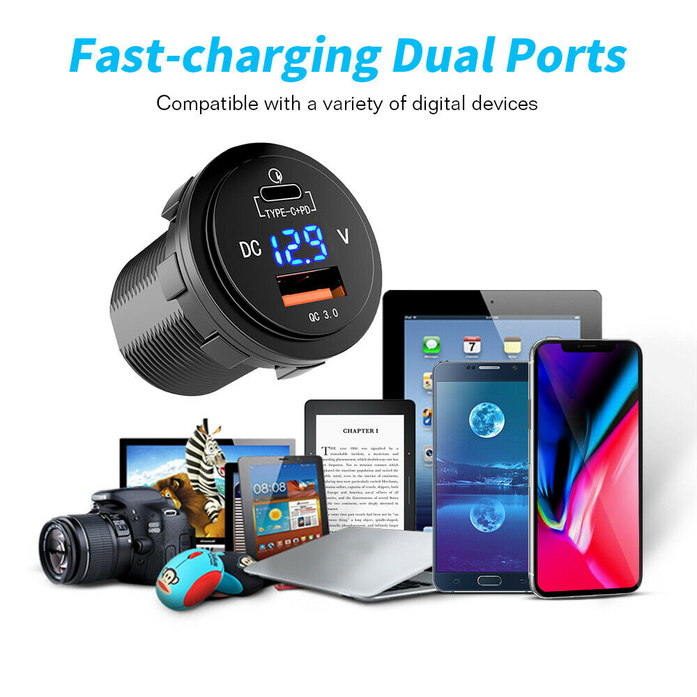 Fast PD Type C USB Car Charger LED Digital Voltmeter Power Adapter Plug