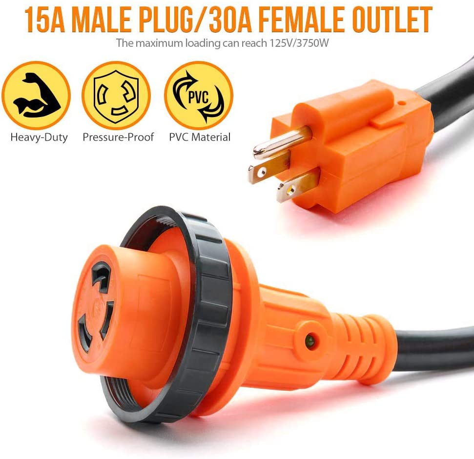 18'' 15A Male to 30A Female Heavy Duty RV Adapter Cord Dogbone Electrical Adapter with Twist Lock, LED Indicator