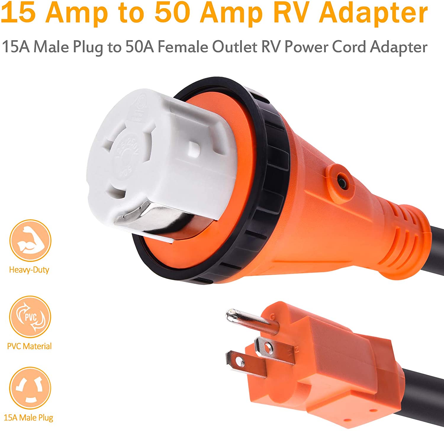12'' 15A Male to 50A Female RV Adapter with Locking Connector Dogbone Electrical Converter with LED Power Indicator