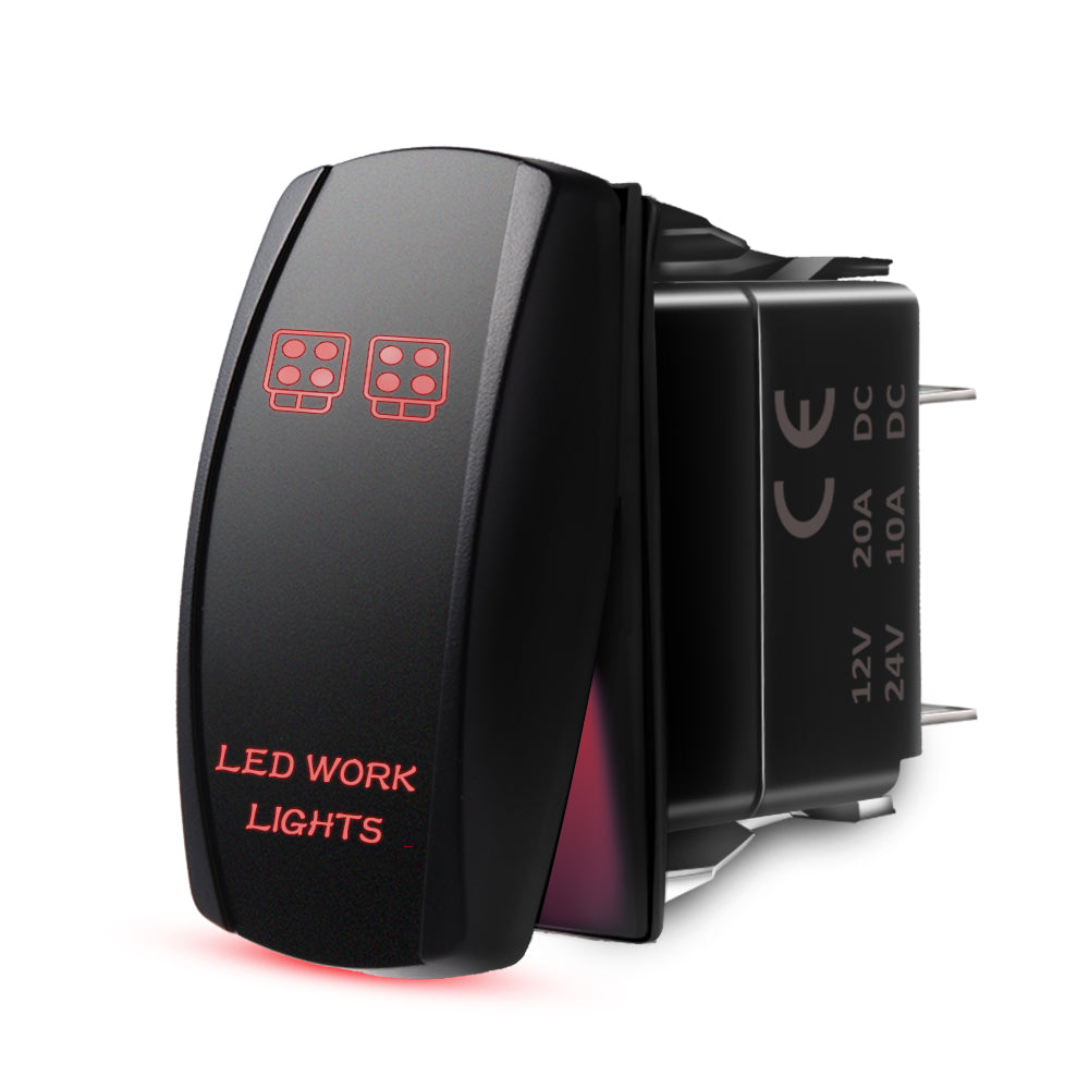 5 Pin LED WORK LIGHT Red Lights Rocker Switch, On-Off LED Light, 20A 12V Universal