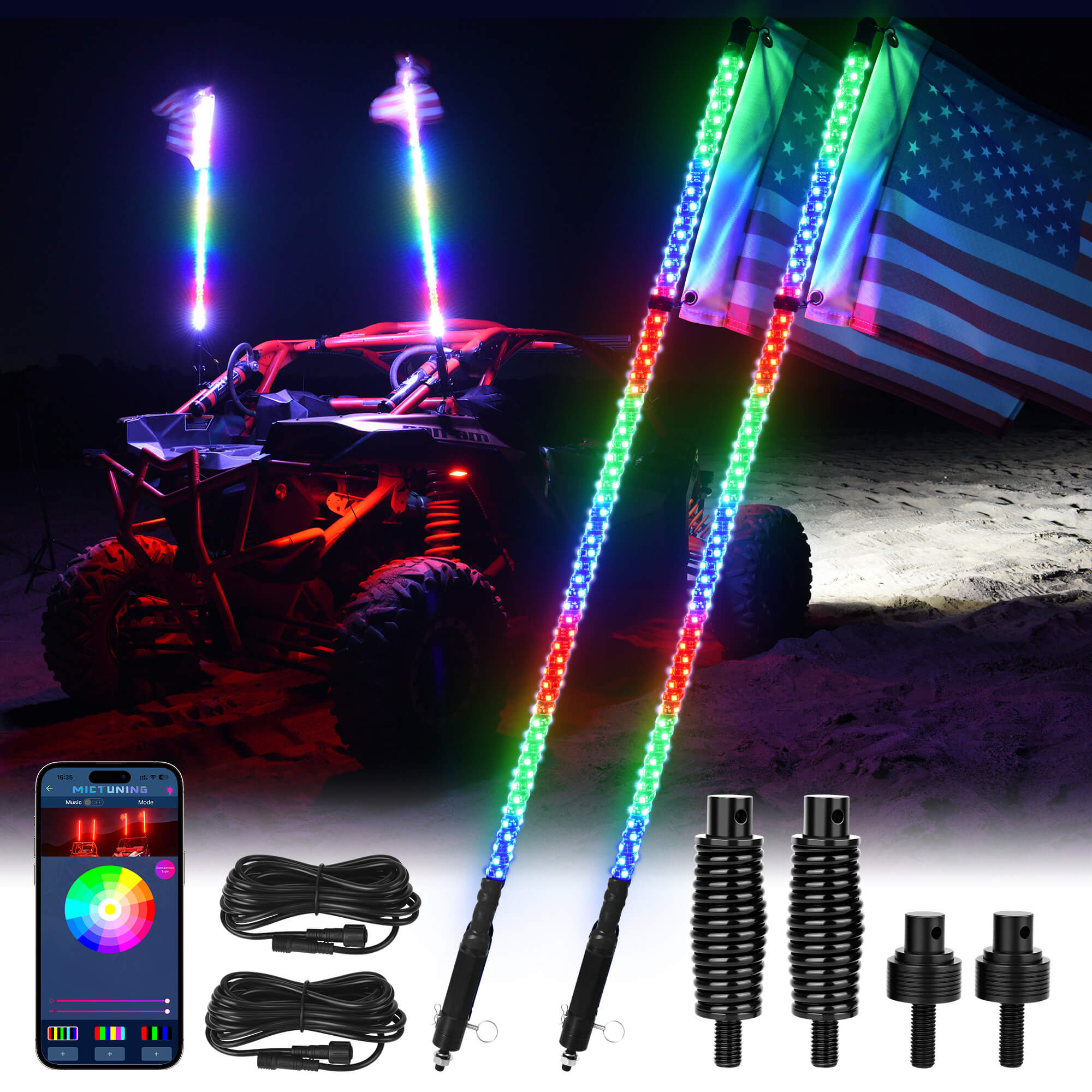 3FT/4FT LED Whip Lights 2pcs - Spiral Bendable RGB Chasing Color Antenna Whips - Bluetooth App Control