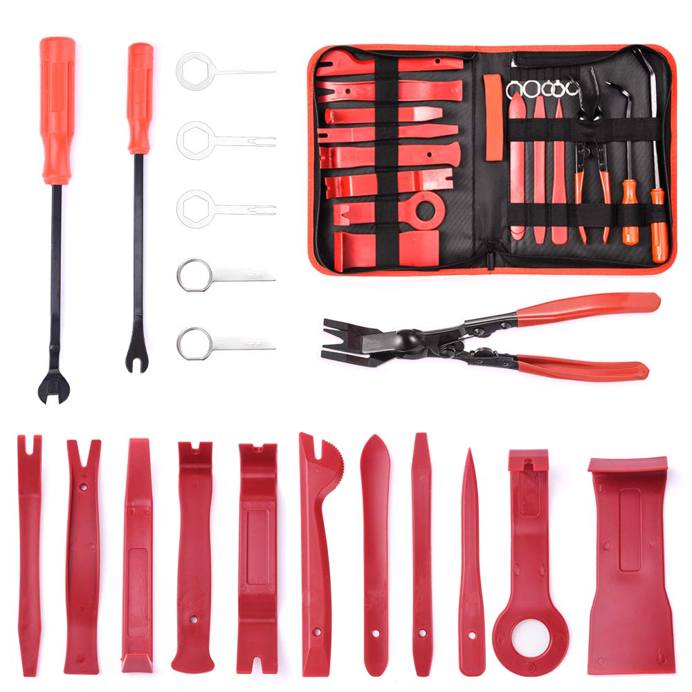 19Pcs Auto Audio Trim Removal Tool Set & Clip Plier Upholstery Fastener Remover Nylon Dash Door Panel Stereo Tool Kits (Red)