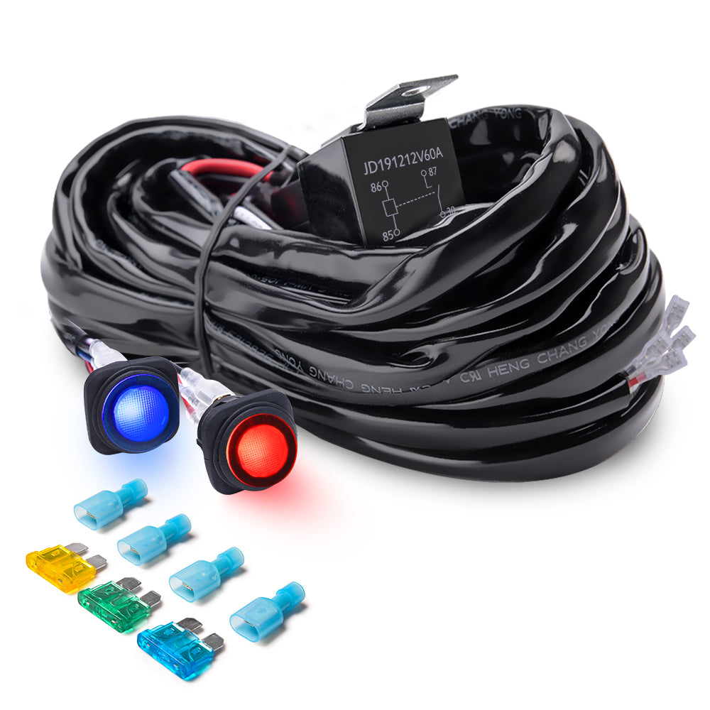 Heavy Duty 14AWG 300W 2-Circuit Led Light Bar Wiring Harness Kit with Fuse, 60Amp Relay, Dual Waterproof Switches Red Blue(14AWG)