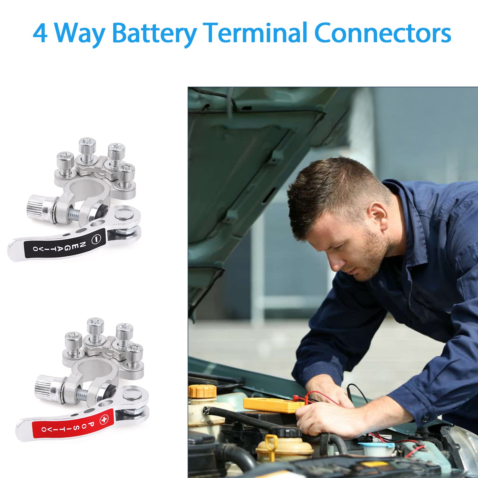 4 Way Battery Terminal Connectors Adjustable, 2PCS Quick Release Disconnect Car Battery Post Clamp