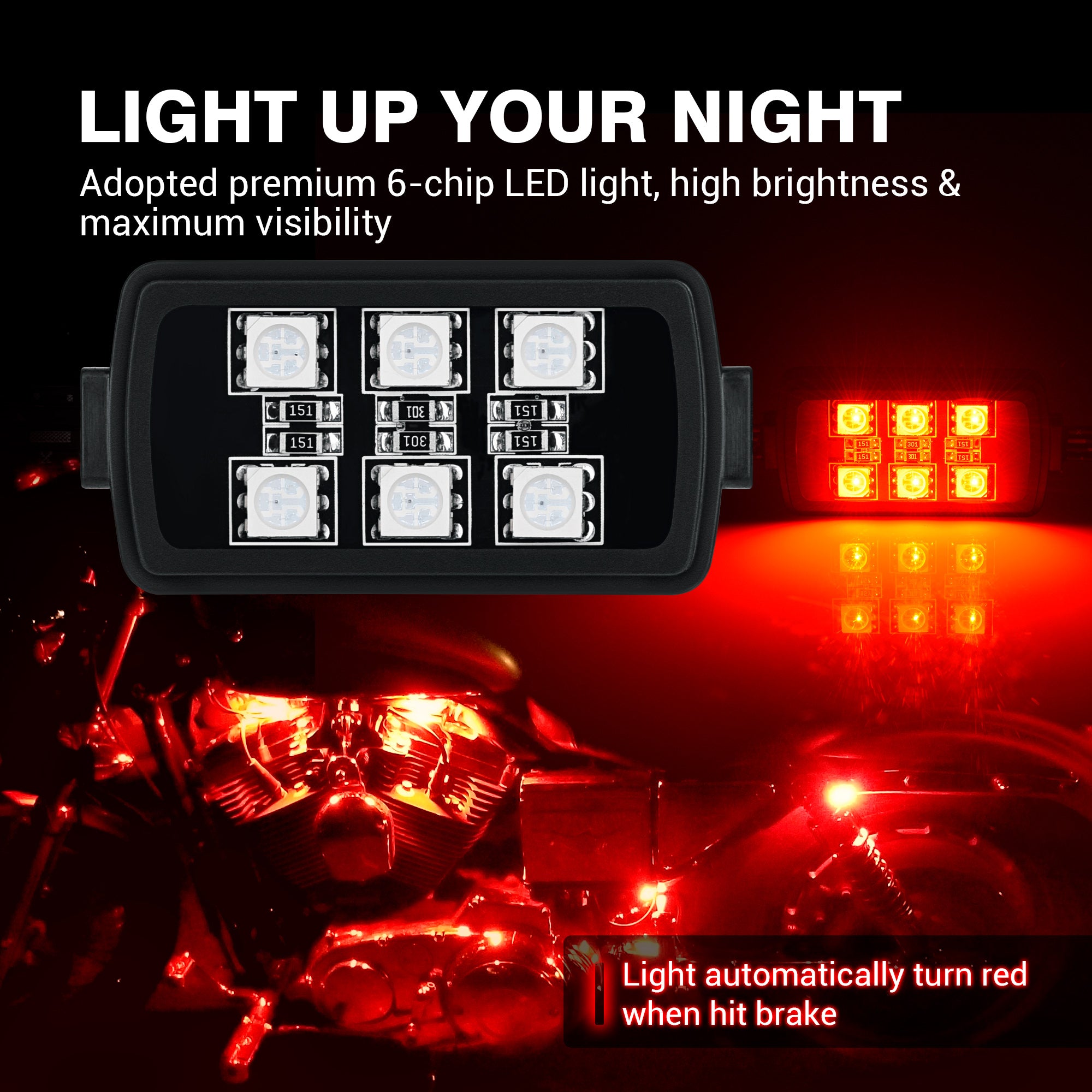 8pcs Motorcycle RGB LED Strip Lights Kit with Brake Light Function - Multi-Color Underglow LED Accent Glow Neon Lights Waterproof