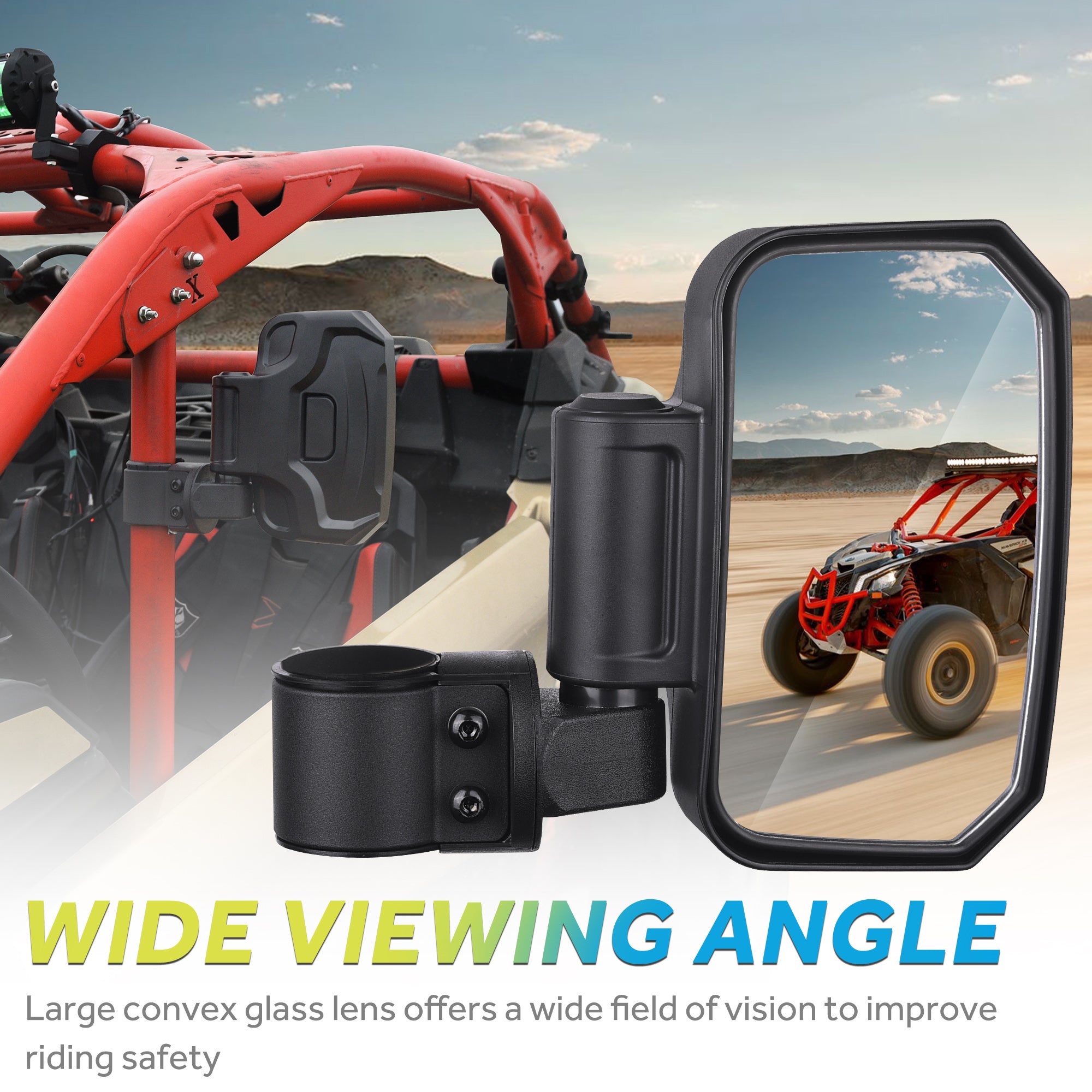 UTV Side Mirror 1.75 Inch or 2 Inch Mounts, Break-away Adjustable Rear View Convex Mirror Shock-proof Rubber Pad