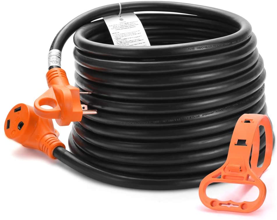 Heavy Duty 30 Amp RV Extension Cord with Handle and Cord Organizer - 30 Feet, 10 Gauge, 125V, 3750W
