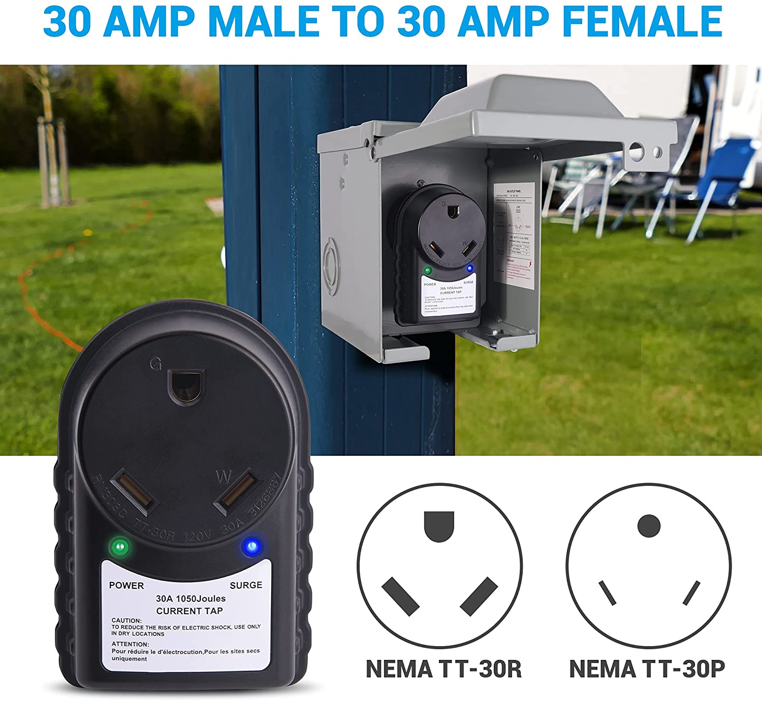 30 Amp RV Surge Protector - 125V, 1050 Joules, LED Indicator Light, ETL Listed, 30 Amp Male to 30 Amp Female for RV Trailer Camper