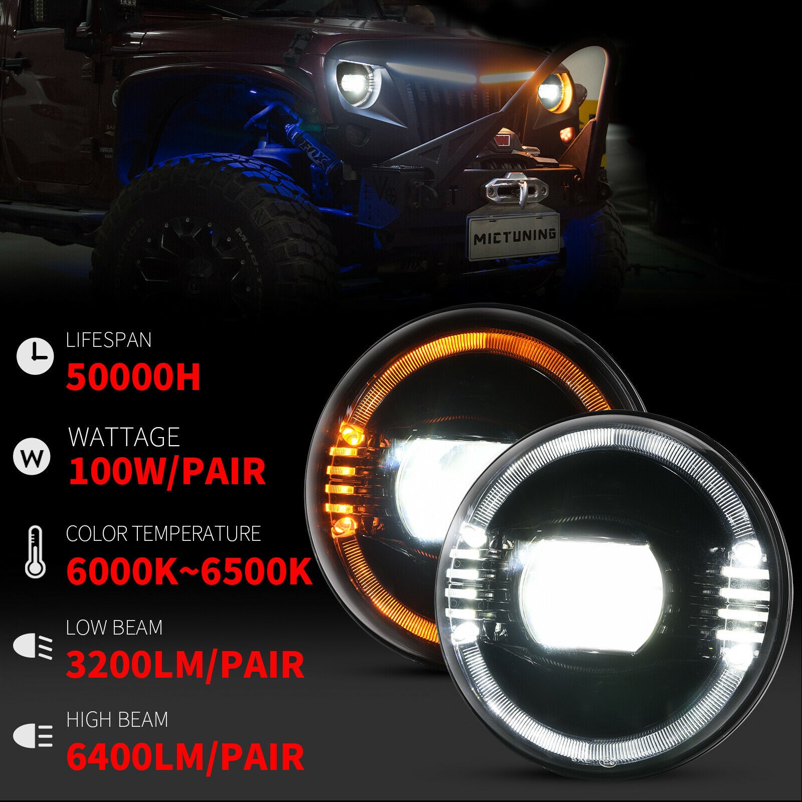 7" 100W LED Headlight Hi/Low Amber Signals for Jep Wrangler JK TJ LJ