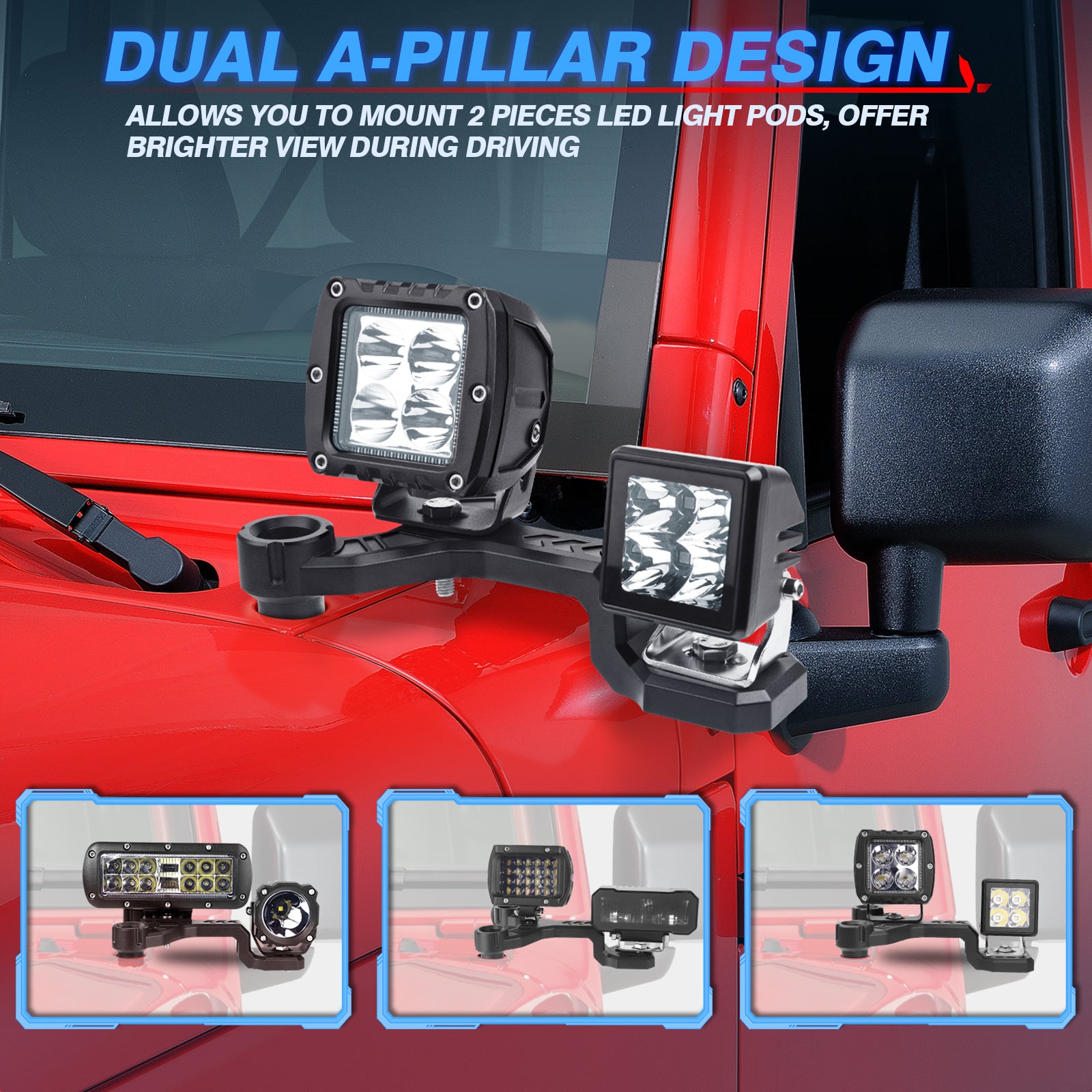 MICTUNING Dual A-Pillar Light Brackets Lower Windshield Hinge Mounting Brackets for Offroad Light LED Pods Work Lights