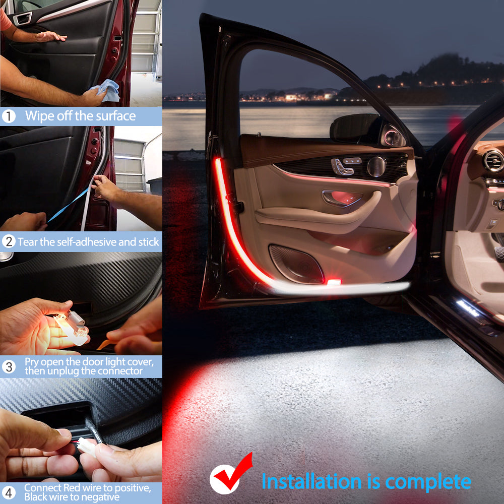 Car Door LED Strip Warning Lights, 12V Dual Color White & Red Car Door Lights Flash Safety Lights Anti Rear-end Collision