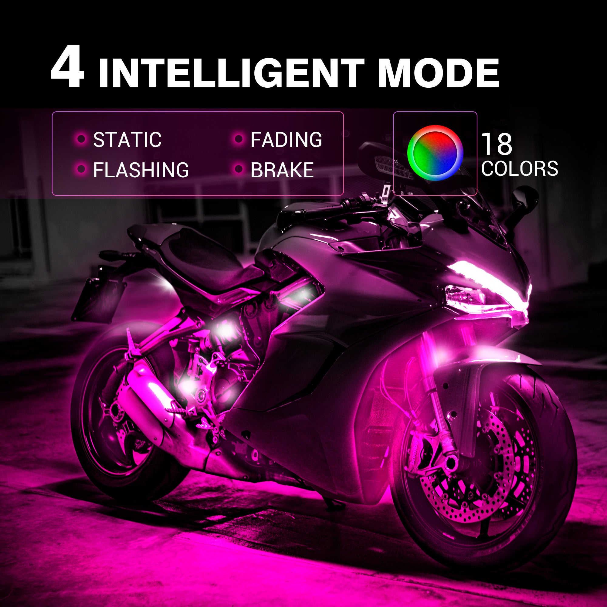 Xprite 8-Piece RGB LED Motorcycle Light Kit – Neon Underglow With IR & App Control, 1-Year Warranty