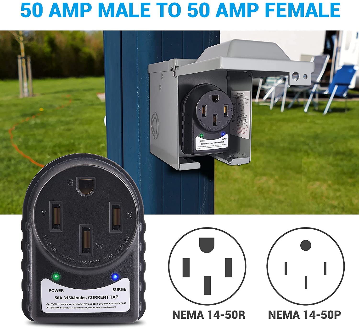 50 Amp RV Surge Protector - 125/250 Volt, 3150 Joules, LED Indicator Light, ETL Listed, 50 Amp Male to 50 Amp Female for RV Trailer Camper