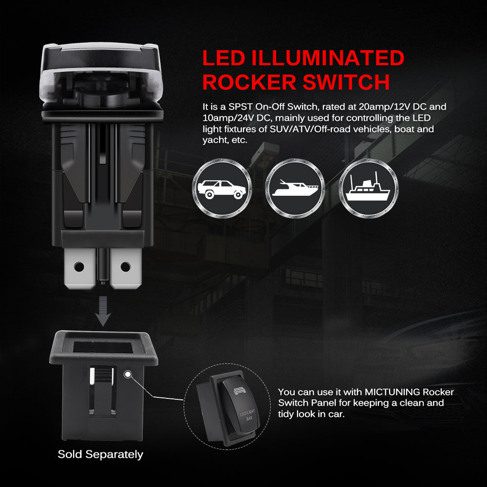 5 Pin HORN Red Lights Rocker Switch, On-Off LED Light, 20A 12V