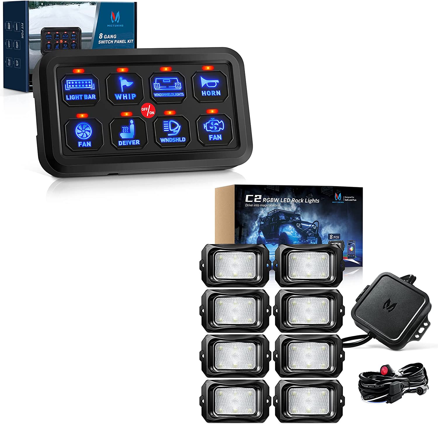 C2 8 Pods Curved RGBW LED Rock Lights with Universal 8 Gang Switch Panel