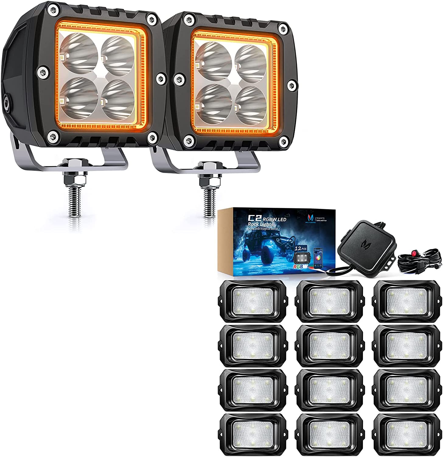 C2 12 Pods Curved RGBW LED Rock Lights with 3 Inch 20W S1 Amber LED Pods Light
