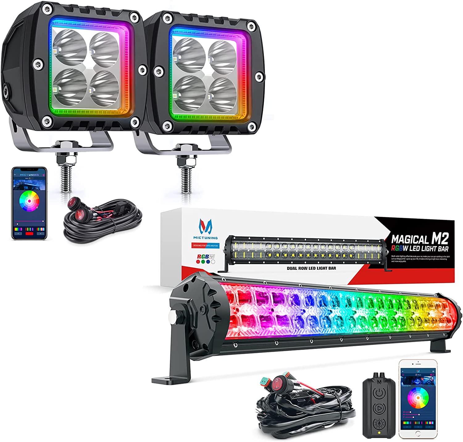 S1 RGBW LED Pods Light with M2 Dual Row 22 Inch 120W RGBW LED Light Bar