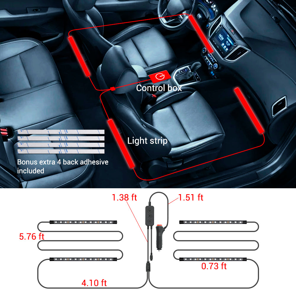RGB Car Interior Lights - 4pcs 48 LEDs Car LED Strip Atmosphere Light with Remote and Control Box, Music Sync Waterproof