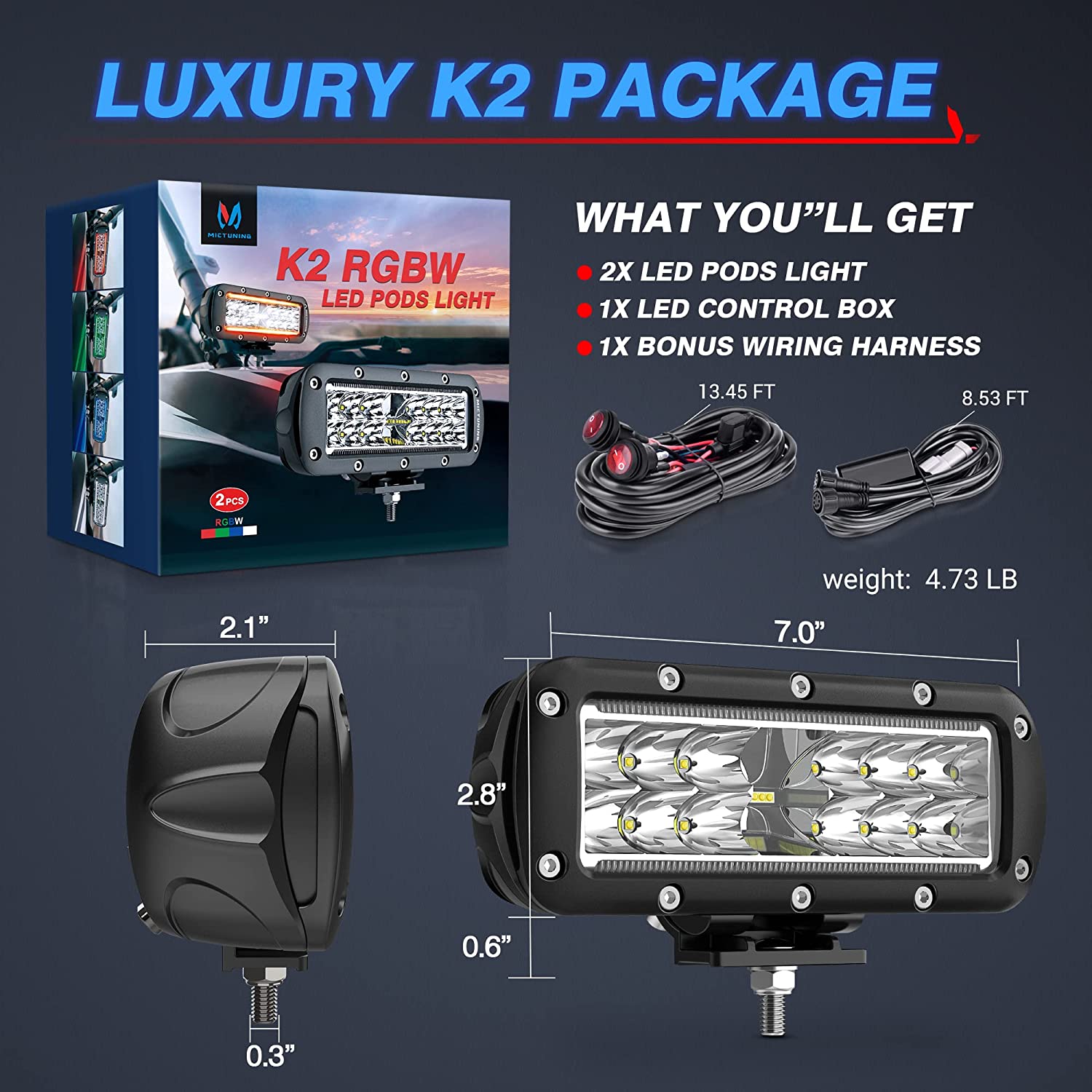 K2 RGBW LED Pods Light with M2 Dual Row 32 Inch 180W RGBW LED Light Bar