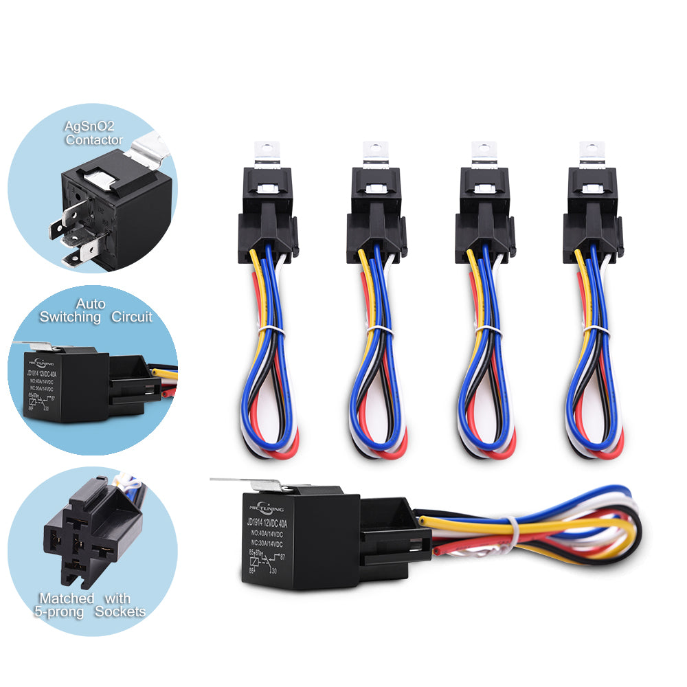12V 30/40A Car Relay Harness Socket 5-PIN SPDT Relays - 5 pack