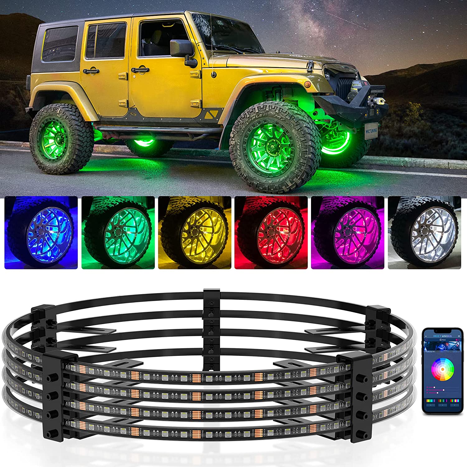 C3 8 Pods RGBW Rock Lights Kit with 15.5″/17.5″ RGBW Wheel Ring Lights Kit, APP Control Music Sync Mode