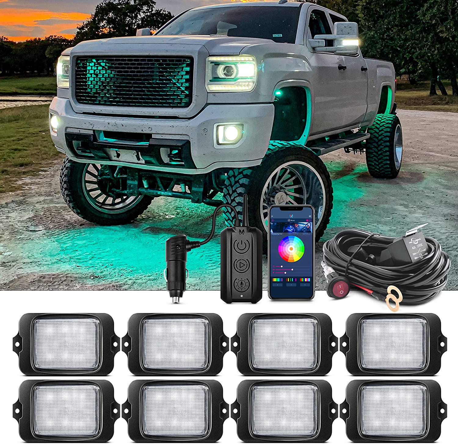 C3 8 Pods RGBW LED Rock Lights Wireless Control with 3 Inch 18W S1 RGBW LED Pods Light