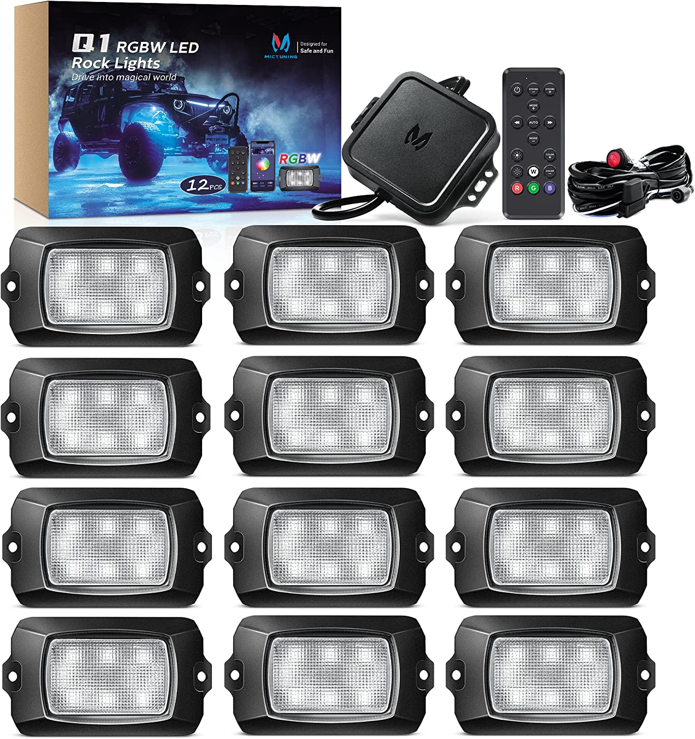 12 Pods Newest Q1 RGBW Color Changing LED Rock Light Kit for