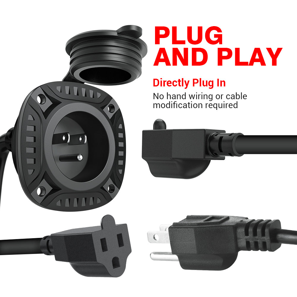 15Amp 250V AC Port Plug with 18" Integrated Extension Cord Y Splitter Cable and Water-resistant Cap - Black