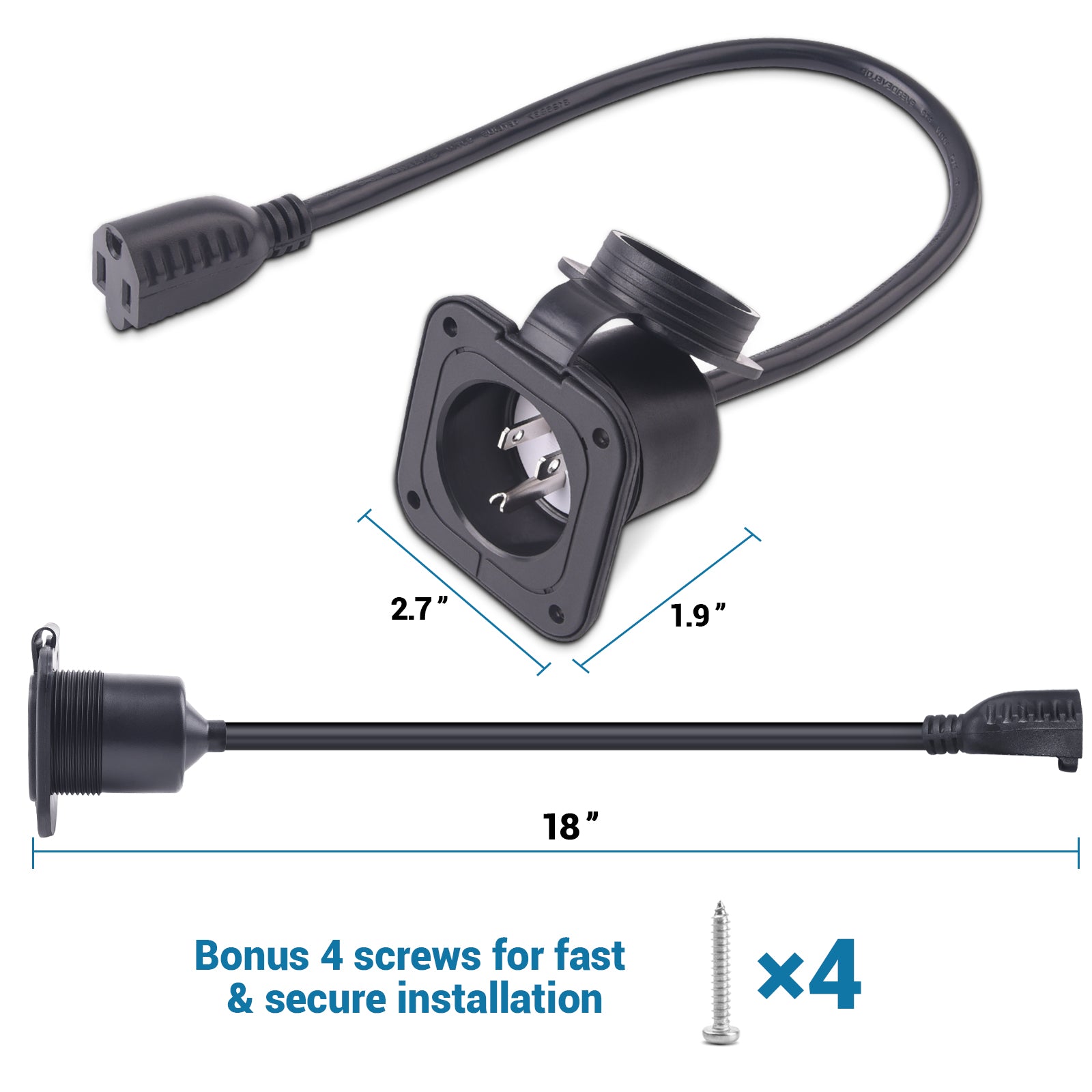 15 Amp 125V AC Port Plug with Integrated 18" Extension Cord 14AWG, Flanged Power Inlet Plug NEMA 5-15P 2 Pole 3-Wire