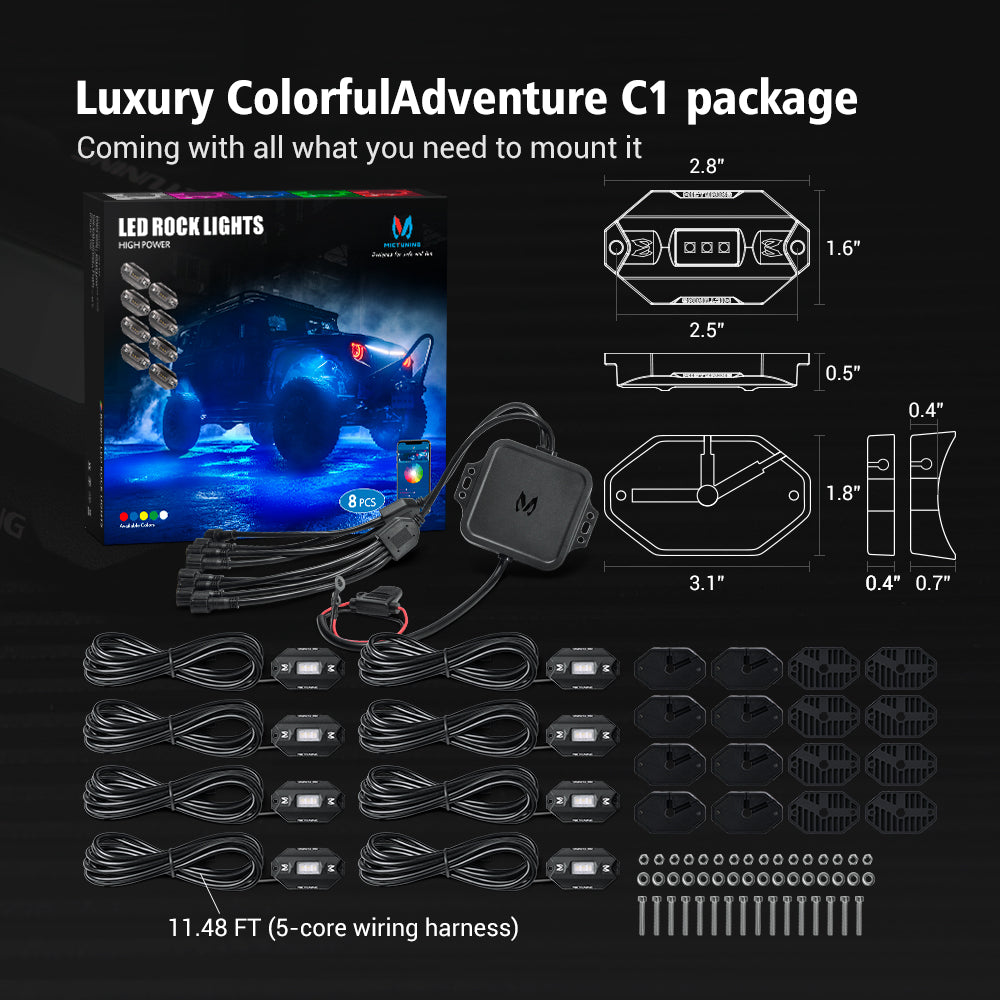 C1 RGBW LED Rock Lights - 8 Pods Multicolor Underglow Neon Offroad Light Kit