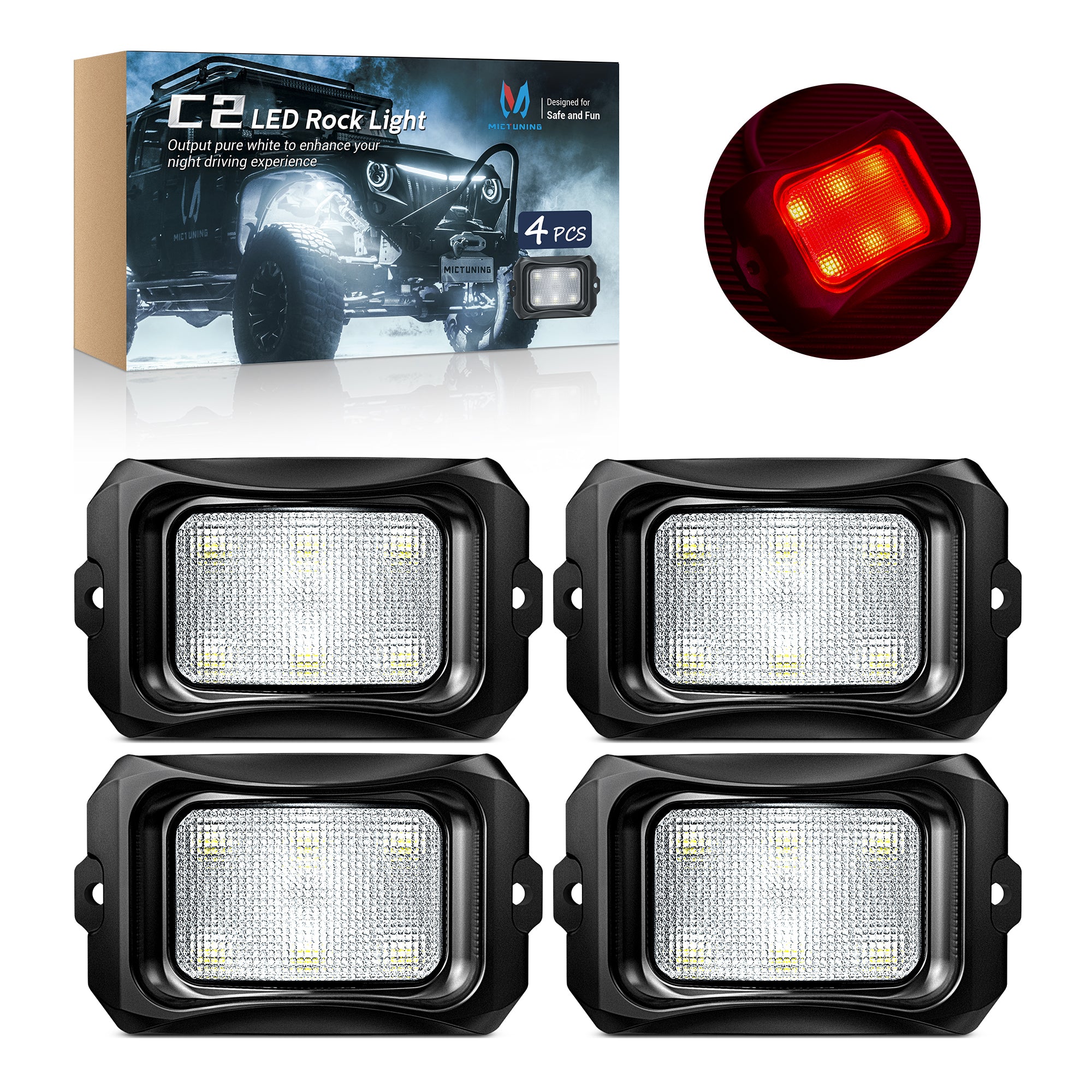 C2 Red LED Rock Lights, 4 Pods Neon Underglow Light Kits IP 68 Underbody Glow Lamp