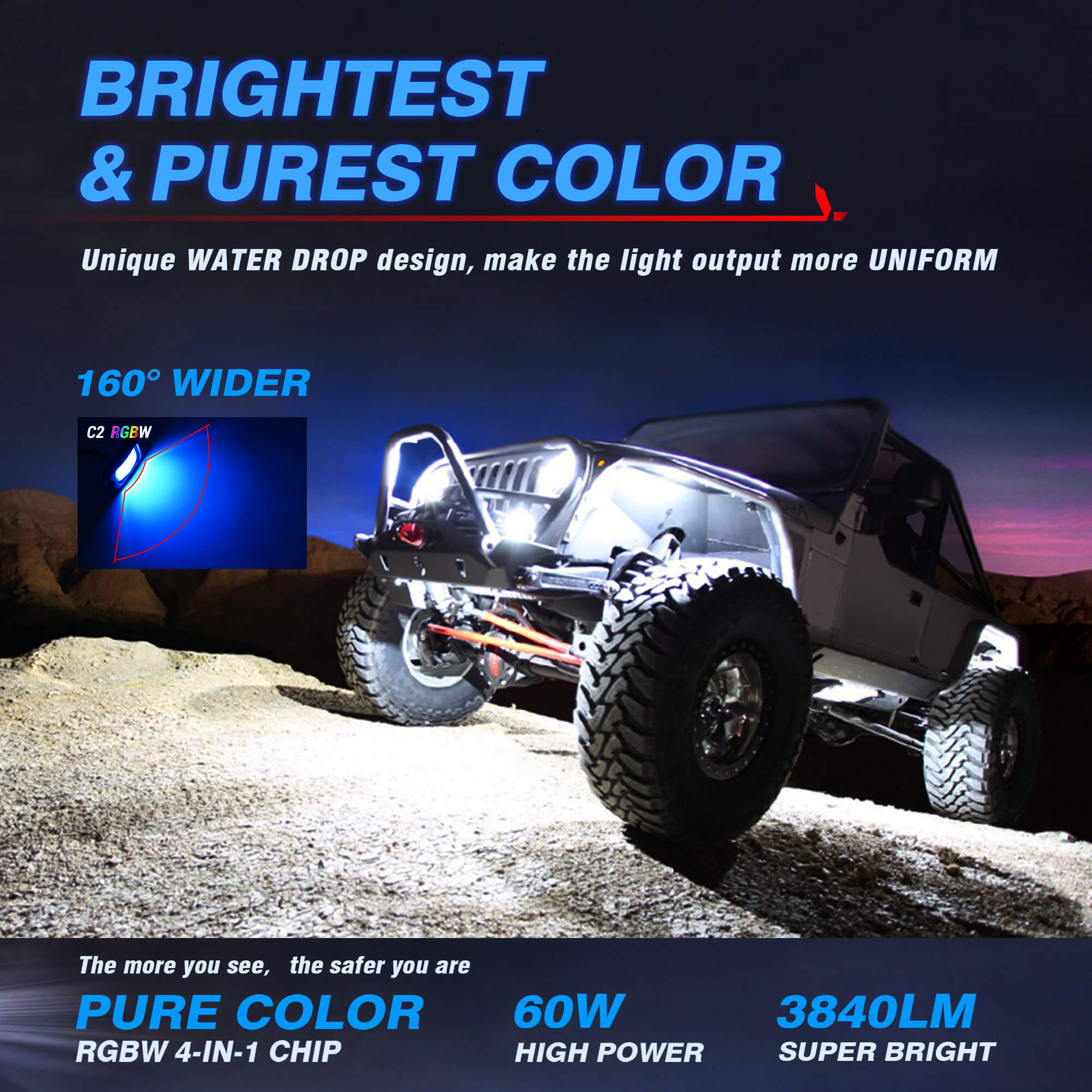 MICTUNING C2 RGB+IC Chasing Color LED Rock Lights Kit Bundle W1 Spiral LED  Whip Lights Kit