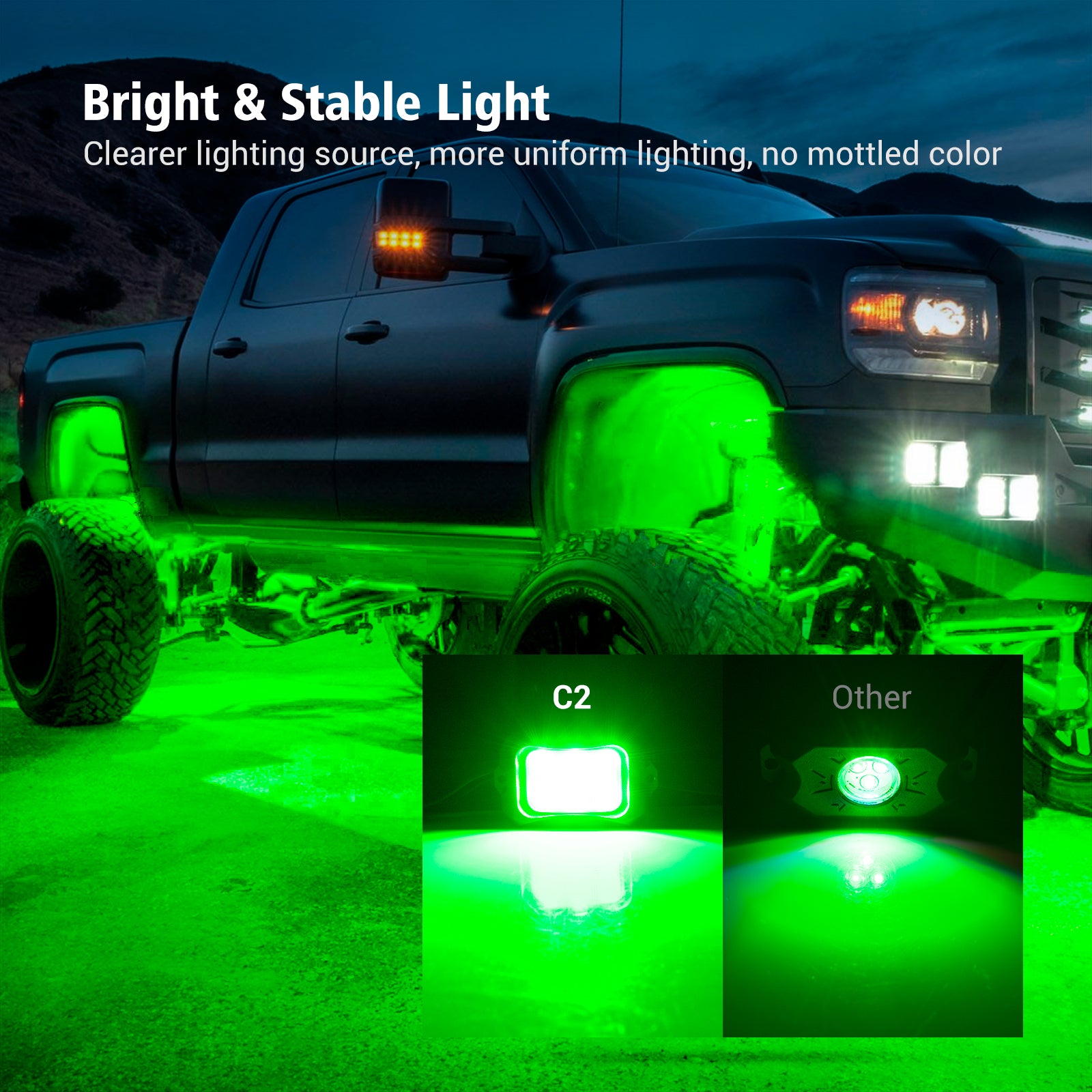 C2 Green LED Rock Lights, 4 Pods Neon Underglow Light Kits Waterproof Underbody Glow Lamp
