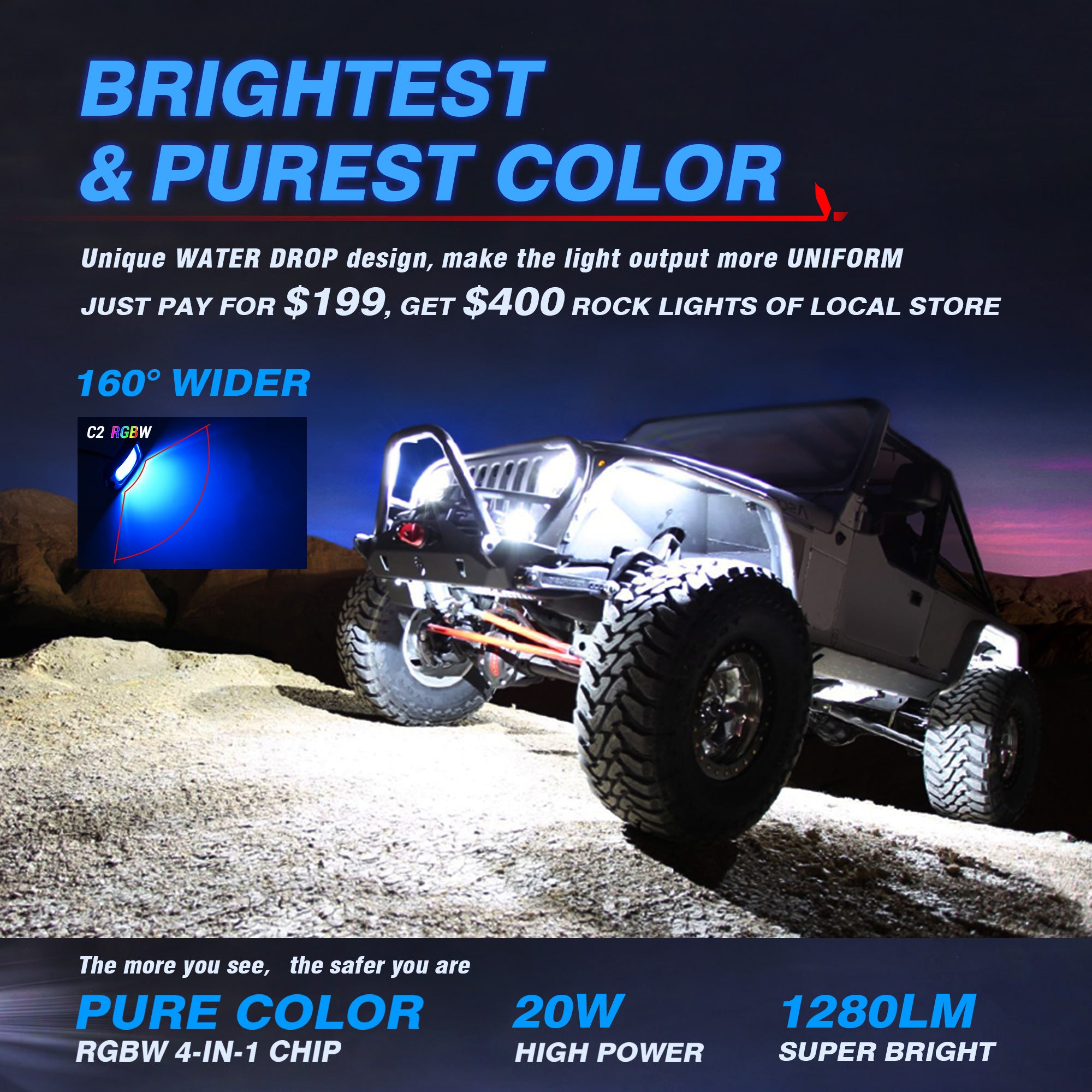 C2 Curved RGBW LED Rock Lights - 4 Pods Multicolor Neon LED Light Kit