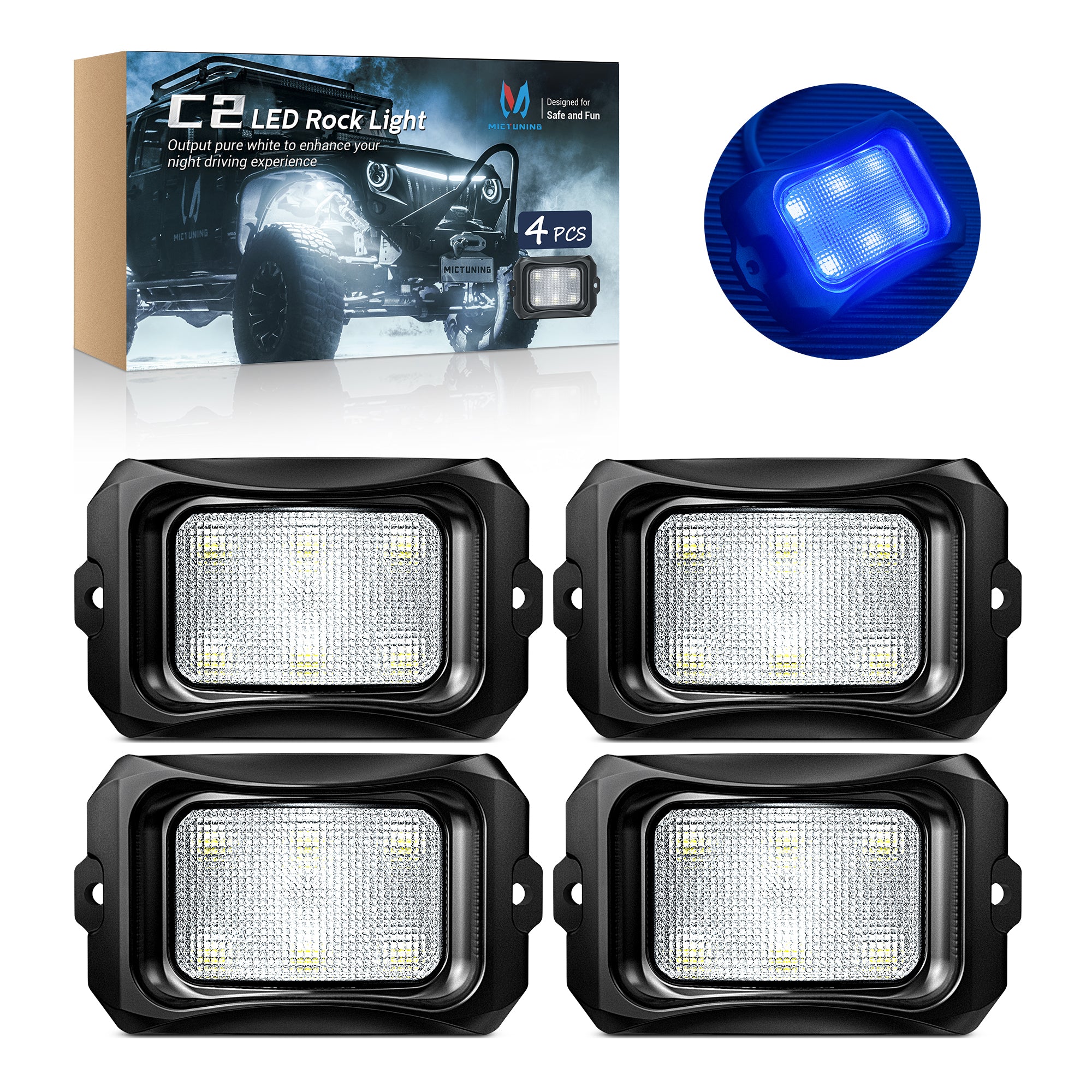 C2 Blue LED Rock Lights, 4 Pods Neon Underglow Light Kits Waterproof Underbody Glow Lamp