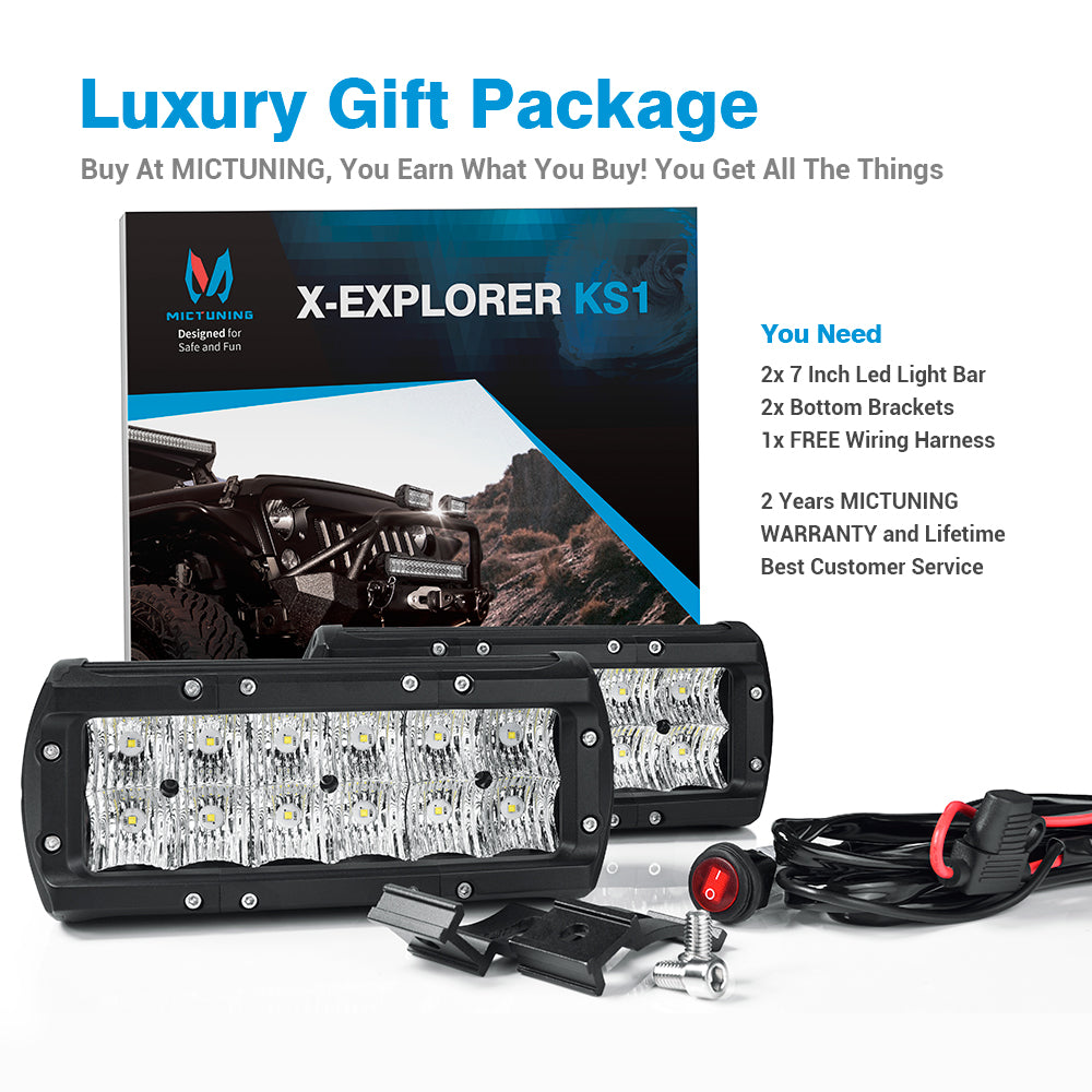 MICTUNING X-Explorer KS1 LED Light Bar - 7 Inch 36W Off Road Driving Light Combo Work Light with Wiring Harness| Bottom Brackets, Patent Pending