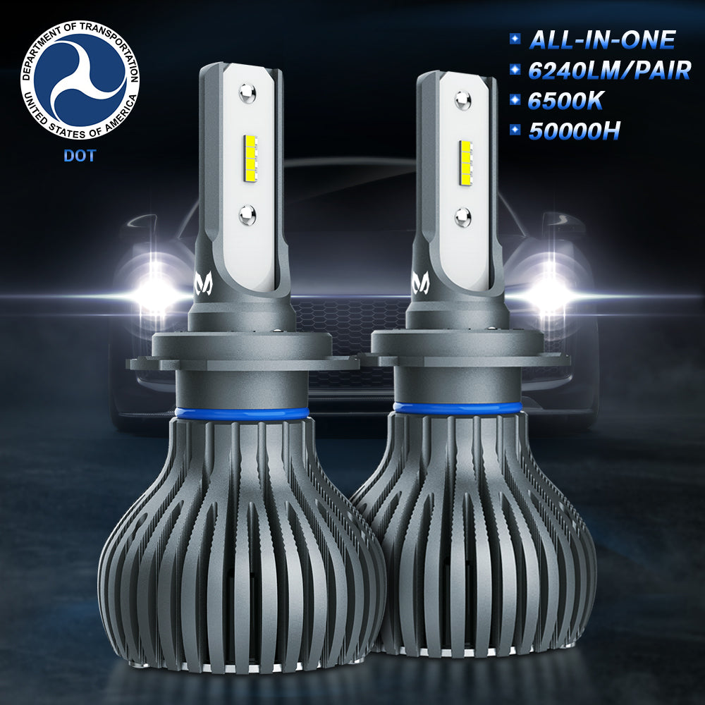 H7 LED Fanless Headlight/Fog Light Conversion Kit with Compact Heat Sink -  4,000 Lumens/Set - Cool White