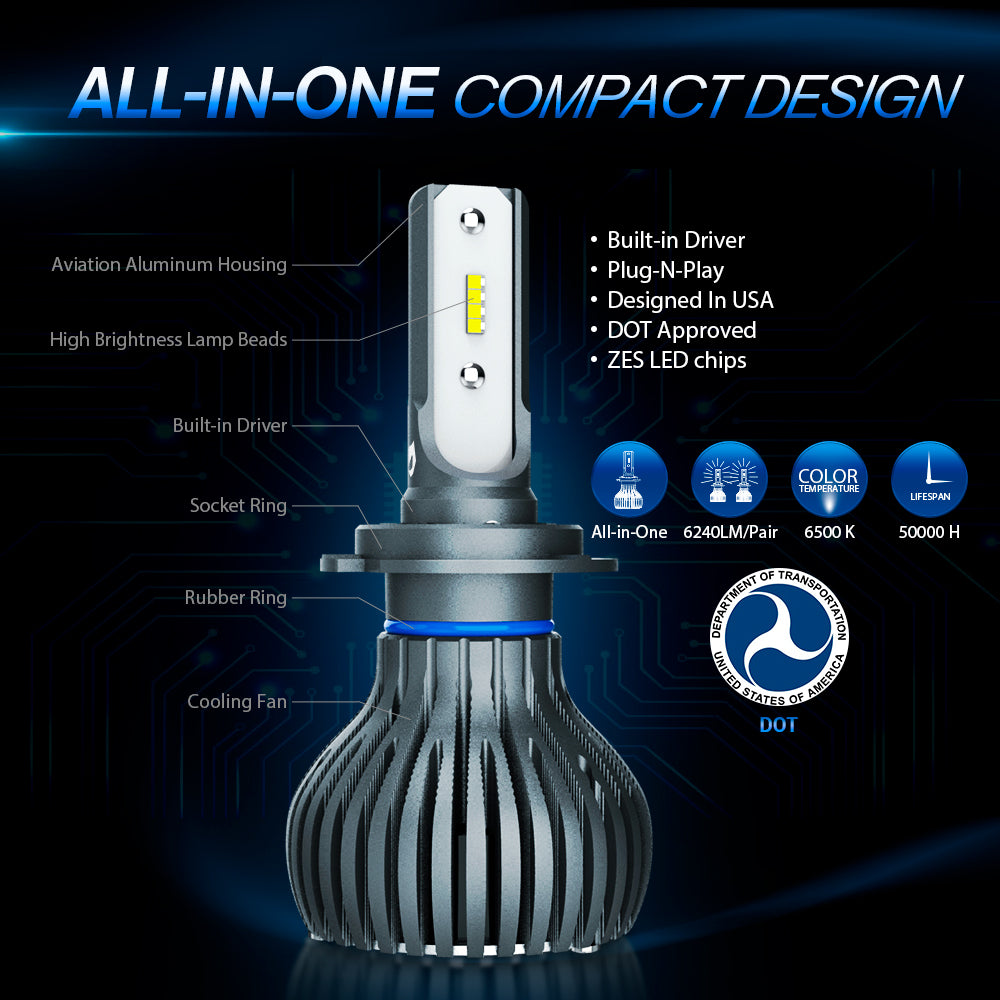 C6-H7 LED Headlight 6000K All In One Compact Design