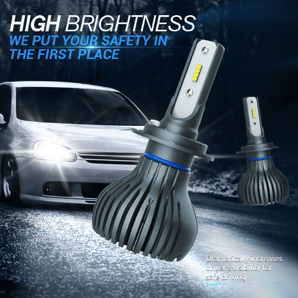 H7 LED Fanless Headlight/Fog Light Conversion Kit with Compact Heat Sink -  4,000 Lumens/Set - Cool White