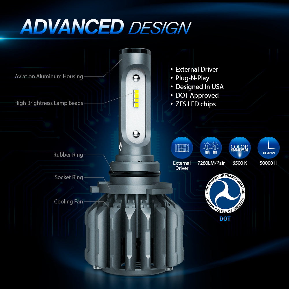 L2 9005 LED Headlight Bulbs External Driver 6500K 70W 7280LM Headlamp