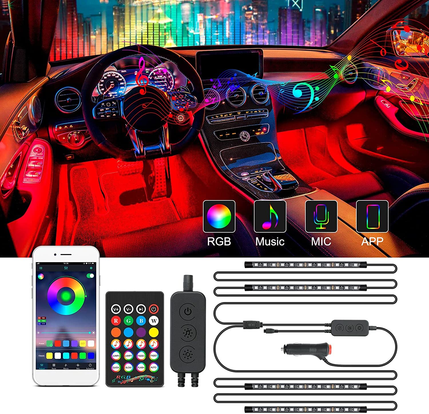 RGB Car Interior Lights - 4pcs 48 LEDs Car LED Strip Atmosphere Light with Remote and Control Box, Music Sync Waterproof