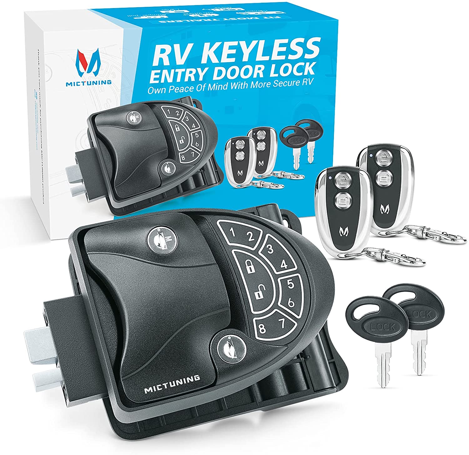 RV Keyless Entry Door latch with Deadbolt, 100% Metal Latch Handle w/ 2 Wireless Fobs, 2 Keys for Travel Trailer Camper Caravan