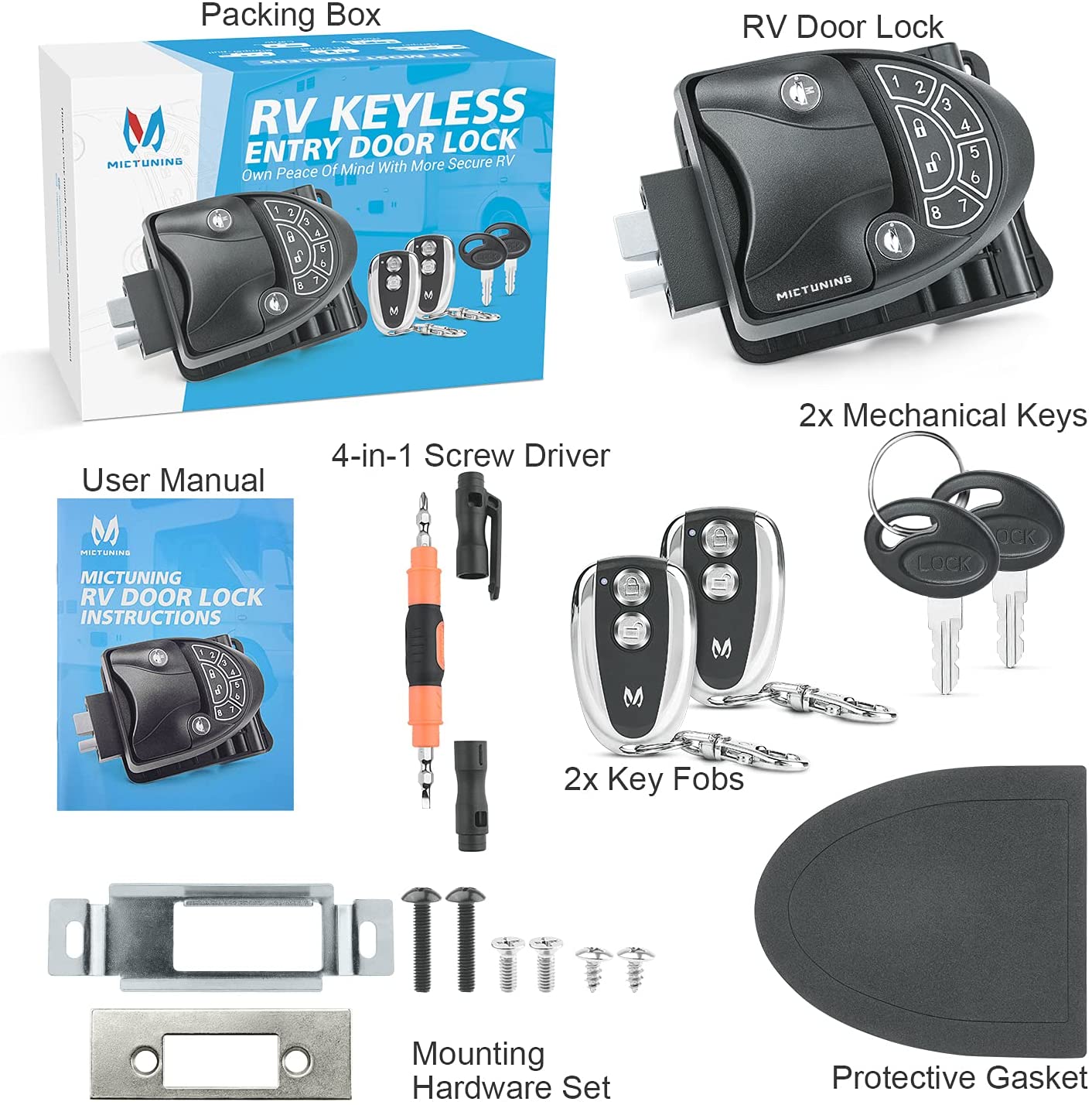 RV Keyless Entry Door latch with Deadbolt, 100% Metal Latch Handle w/ 2 Wireless Fobs, 2 Keys for Travel Trailer Camper Caravan