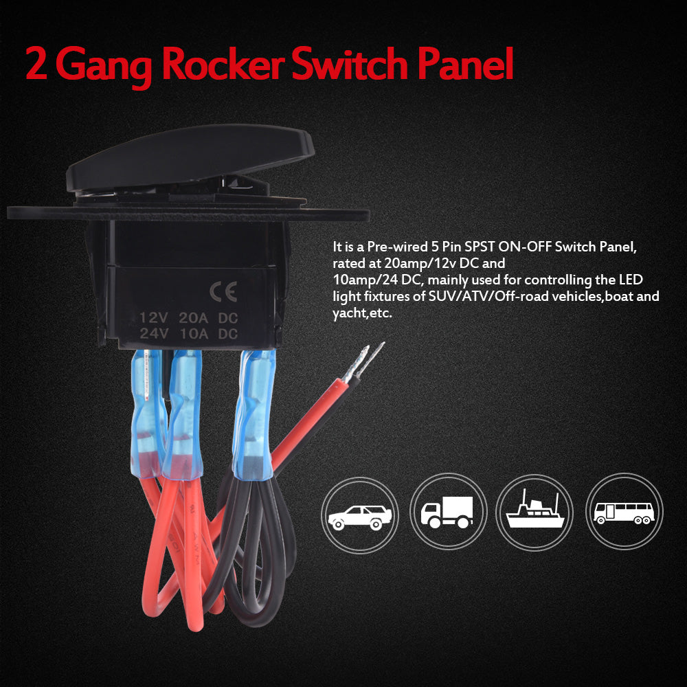 2 / 3 Gang Rocker Switch Panel - 5 Pin ON/Off Toggle Switch Control Panel  Wiring Harness Pre-wired 12/24V