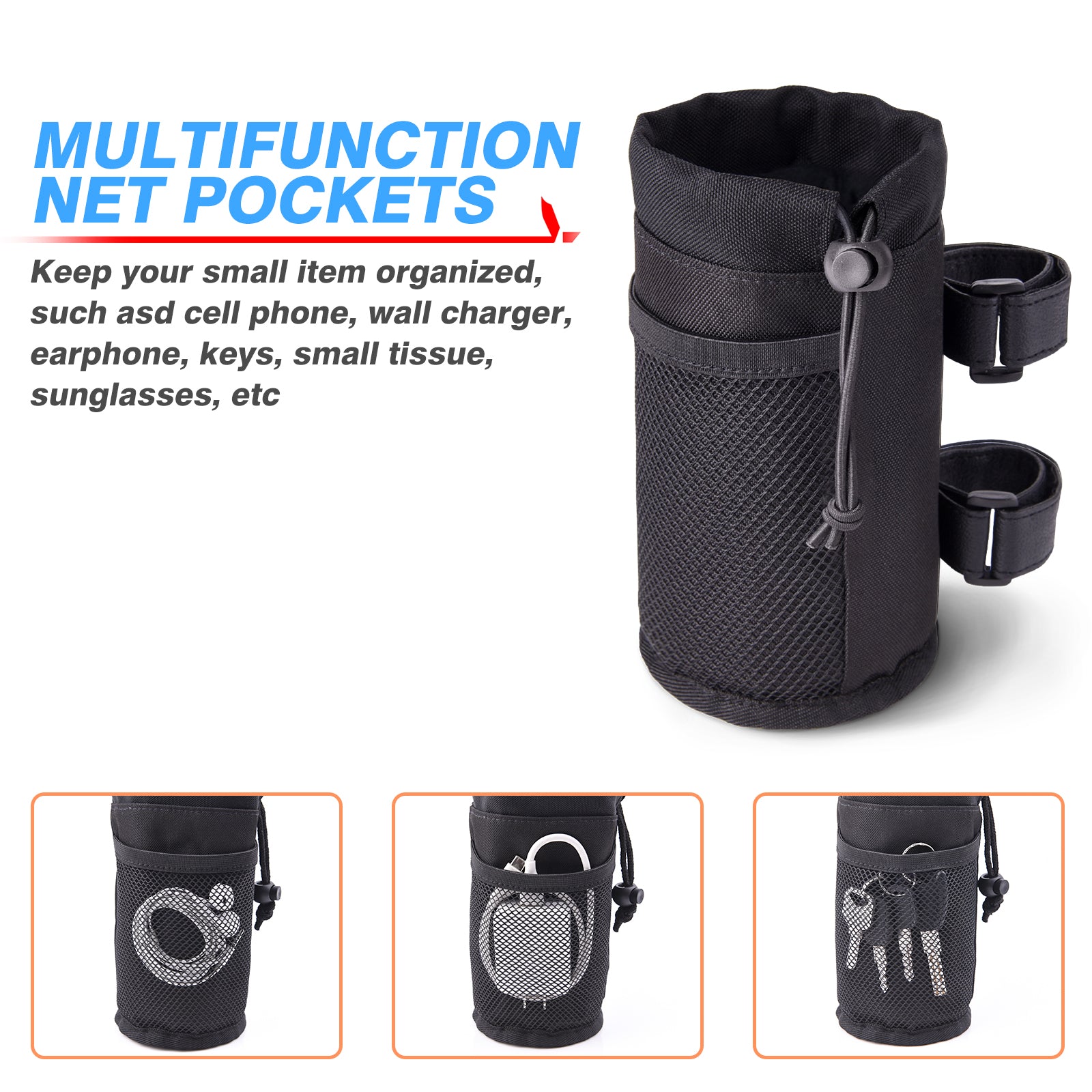 MICTUNING UTV Roll Bar Cup Holder with Net Pocket and Drawstring Closure