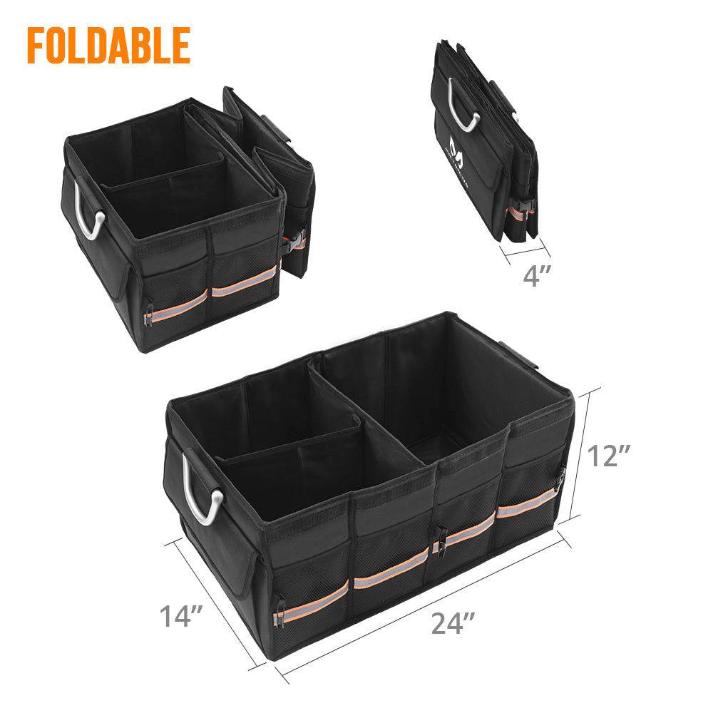 Car Trunk Organizer - Collapsible & Portable Cargo Storage Container Carrier - Multi Compartments Foldable Cover Non Slip Bottom