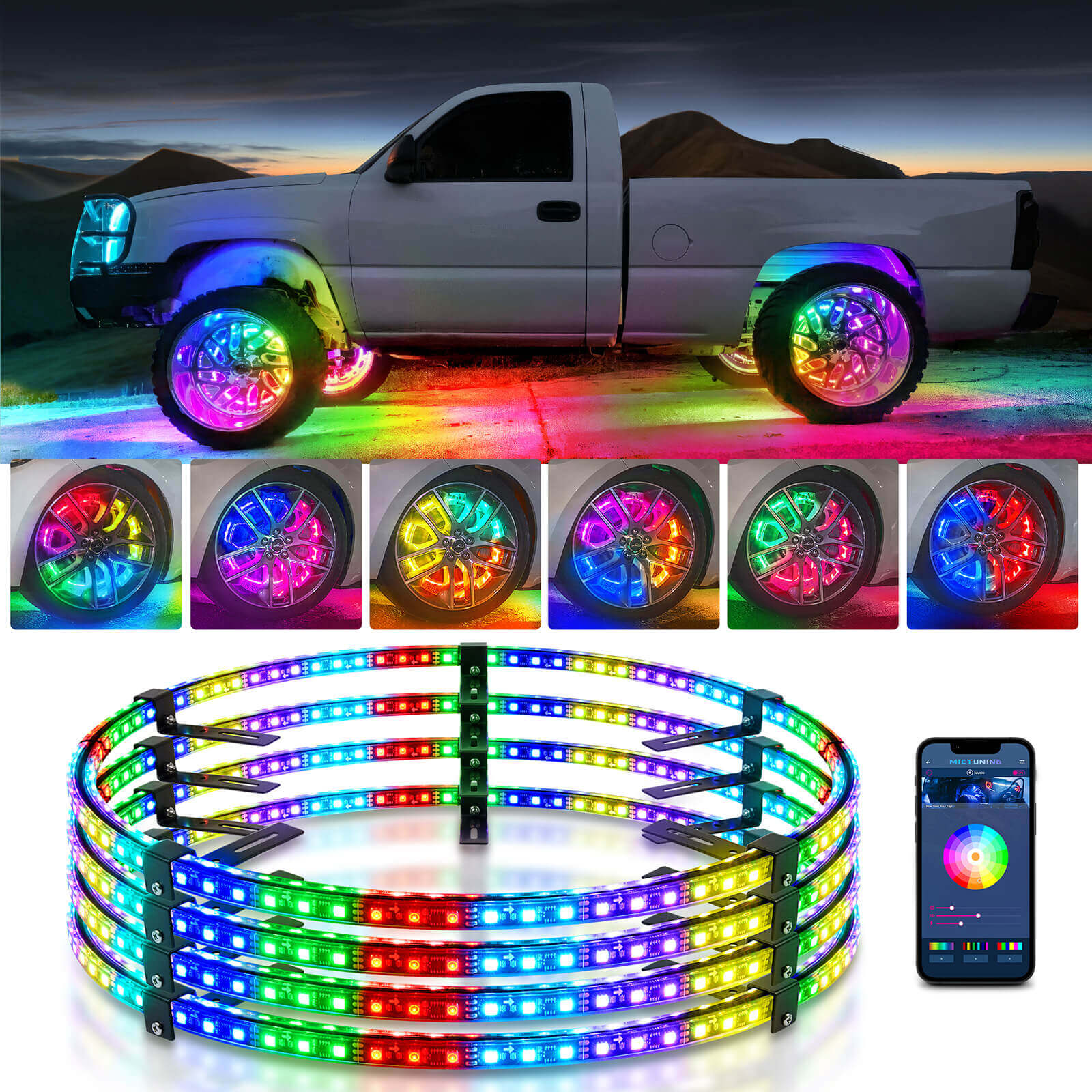 17'' Double-Row RGB + IC Wheel Ring Lights Kit MICTUNING, Chasing Color Flow Neon Wheel Rim Lights for Pickup Truck Car SUV